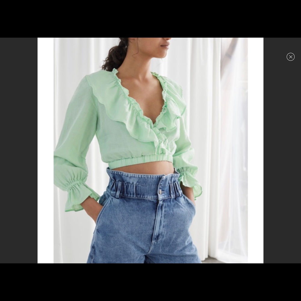 & Other Stories Green Linen Ruffled Crop Top, 6